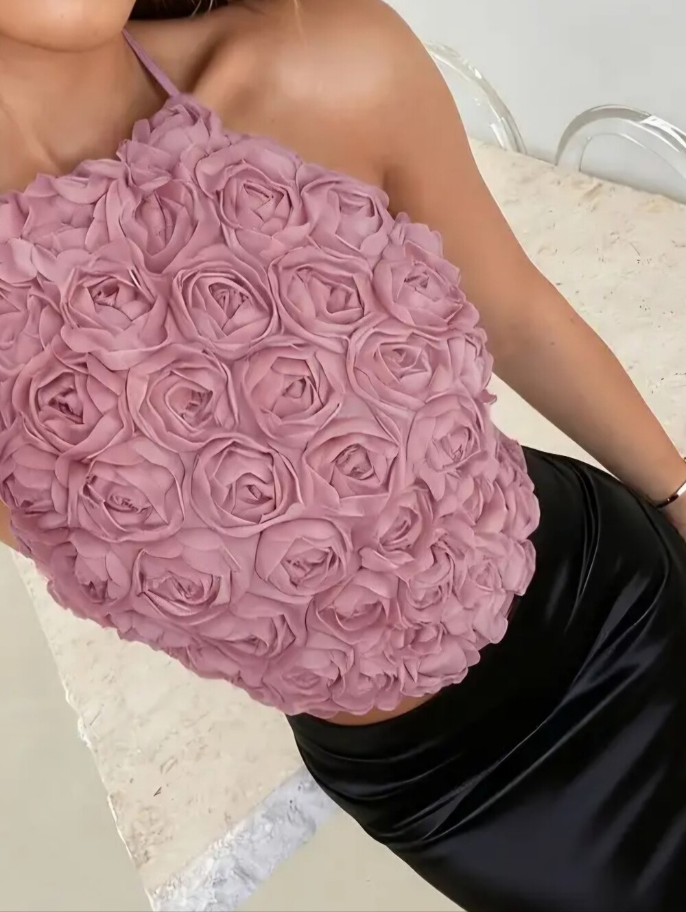 Mauve Rose Applique Halter Crop Top